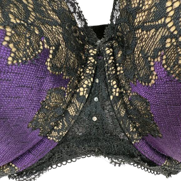Cacique Bra Size 38F Purple Black Lace Underwired Strappy Sexy Back Closure Bra - Picture 4 of 10